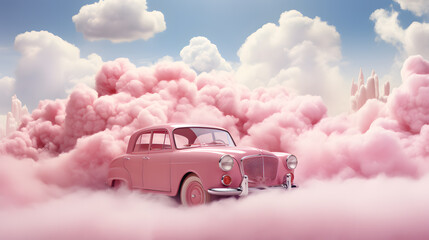 3d rendering of a pink car ride above pink cloud, in the style of modern and futuristic world
