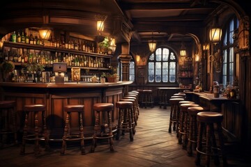 Fototapeta na wymiar Vintage Bar Scene Traditional or British-style Pub. Generative AI