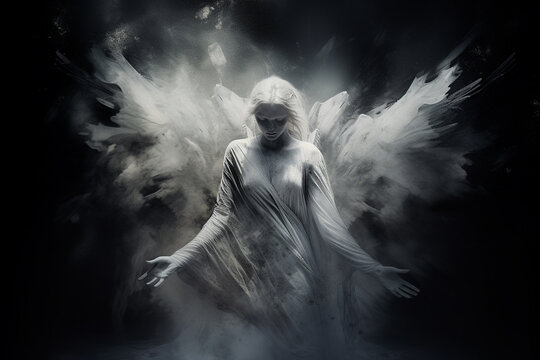 Religion, fantasy, fashion, good and evil concept. Abstract and surreal looking angel with wings illustration. Generative AI