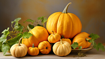 Autumn pumpkin harvest background, halloween, vegetarian and healthy eating concept, generative AI