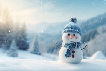 Fototapeta premium Panoramic view of happy snowman in winter scenery. Close-up