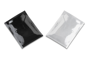 Blank Foil Pouch Packaging. White And Black Blank Glossy Clear Sachet.3d rendering.