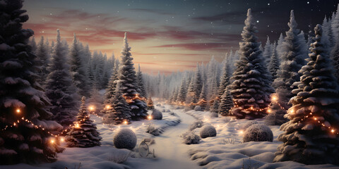 winter landscape in the mountains with snow fir trees and Christmas lights