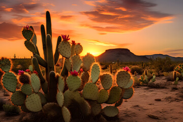 cactus in desert landscape at sunset