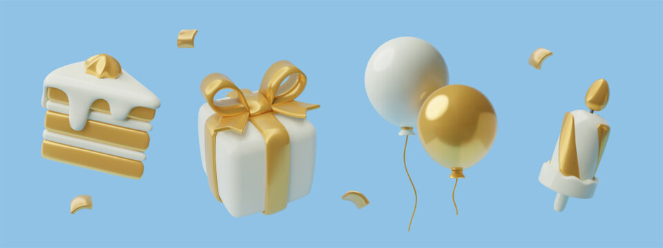 Birthday party cute realistic toy 3D elements set. Gift box, cake piece, balloons and burning candle