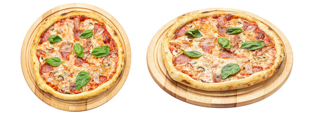 Delicious pizza served on wooden plate isolated on white background. Pizzeria menu. Concept poster for Restaurants or pizzerias.