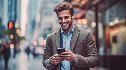 Happy man looking at his mobile in the street of a city. ia generate