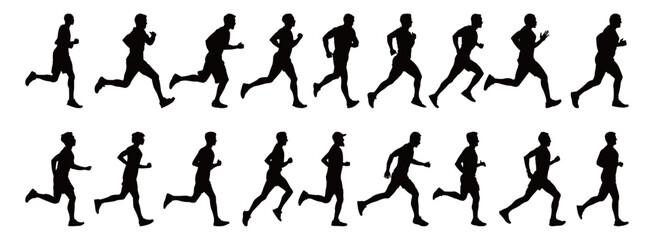 Fototapeta na wymiar Running man silhouettes isolated on white background . Big set of male sprinter vector illustration