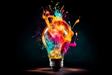 Creative light bulb explodes with colorful paint and colors. New idea, brainstorming concept