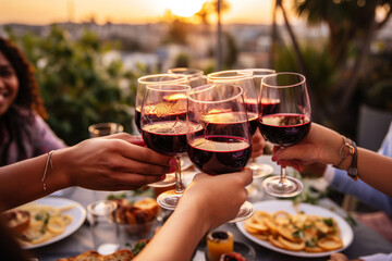 Group of young people hands toasting red wine at rooftop party. AI Generated