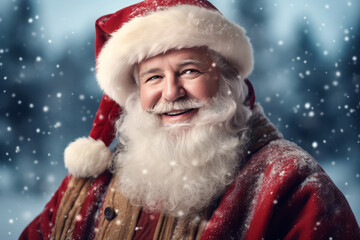 a happy and cheerful Santa Claus standing by a sleighs in North Pole.. AI Generated