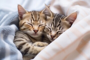 Fototapeta na wymiar Top view of two small striped domestic kittens hugging and sleeping in the plaid. Generative AI 