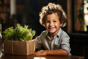 Happy child looking at box full of vegetables on kitchen table. AI Generated