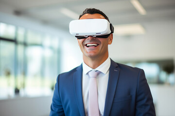 Portrait of smiling man wearing Virtual Reality glasses. AI Generated