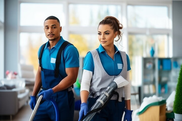 Professional mixed race janitors in uniform doing spring cleaning of modern house. AI Generated