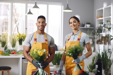 Professional mixed race janitors in uniform doing spring cleaning of modern house. AI Generated - obrazy, fototapety, plakaty