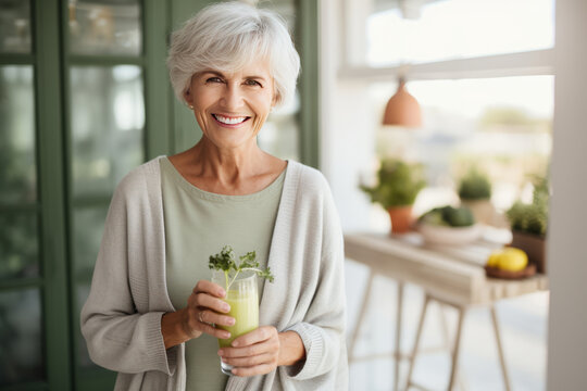 Healthy senior woman smiling while holding some green juice. AI Generated