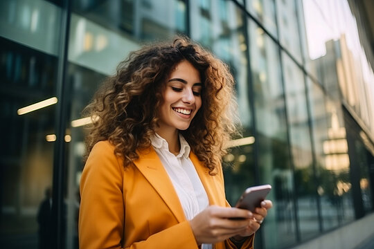 smiling businesswoman in fashion clothes using a smartphone, commuting to work in the city.. AI Generated