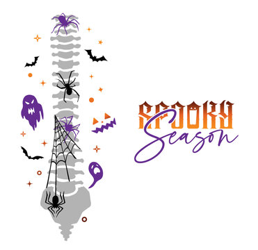 Spooky season. Spine with spider surrounded by stars, bats, and ghosts, Halloween funny vibe. Vector illustration