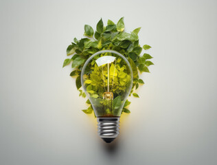Lightbulb with fresh green leaves on light gray background