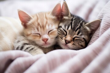 Fototapeta na wymiar Top view of two small striped domestic kittens hugging and sleeping in the plaid. Generative AI 