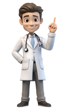3D cartoon render of smiling male doctor with stethoscope and raised finger