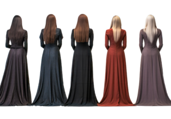 Five women in long dresses with different hair colors - concept of difference
