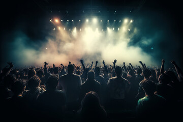 Plakat Crowd of music fans at rock concert in front of illuminated stage