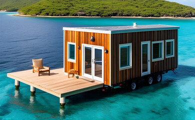 A tiny house on a small island in the middle of the ocean, Generative AI