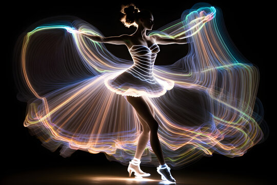 woman dancing in the night with neon light dress and motion trails