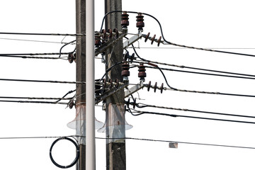 A utility pole with wires against a white background. A modern infrastructure element capturing the...