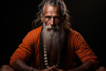 Indian Guru, a man siddha yoga teacher with long hair, sitting in meditation asana. AI Generative