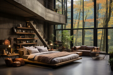 Bed in minimalist room with panoramic windows and concrete walls. Loft interior design. AI Generated
