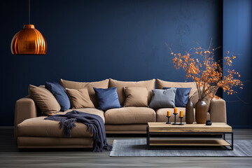 Beige corner sofa in room with dark blue walls. Interior design of modern living room. AI Generated