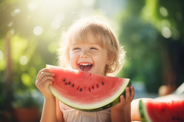 Adorable little child with blond hairs eating watermelon. AI Generated