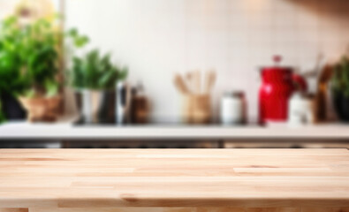 Fototapeta na wymiar Beautiful empty brown wooden table top and blurred defocused modern kitchen interior background with daylight flare, product montage display. generative ai