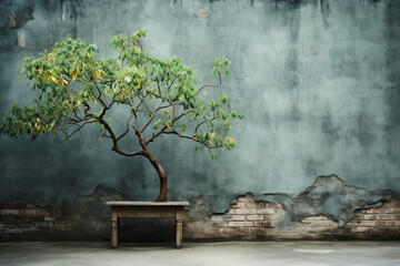 Concrete wall and green tree. Abstract urban background . AI Generated