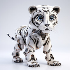 Cute white tiger robot, robotic animal isolated over white background. AI Generated