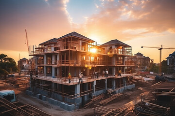 Obraz premium Construction site and sunset, structural steel beam build large residential buildings. AI Generated