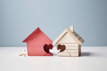 Divorce, division of property, poverty. Wooden broken house on light background. AI Generated - obrazy, fototapety, plakaty
