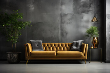 Dark gray velvet sofa against concrete panel wall.. AI Generated