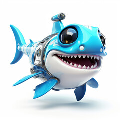 Cute smiling shark robot, robotic fish isolated over white background. AI Generated