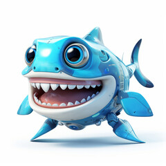 Cute smiling shark robot, robotic fish isolated over white background. AI Generated