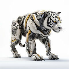 Fototapeta premium Cute tiger robot, robotic animal isolated over white background. AI Generated