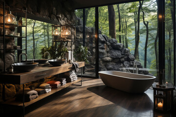 Interior design of modern bathroom in farmhouse with forest view. AI Generated