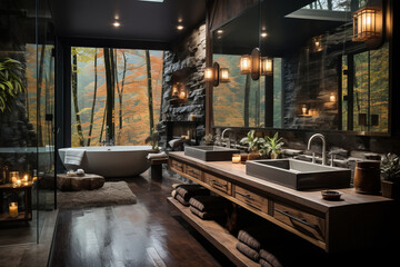 Fototapeta na wymiar Interior design of modern bathroom in farmhouse with forest view. AI Generated