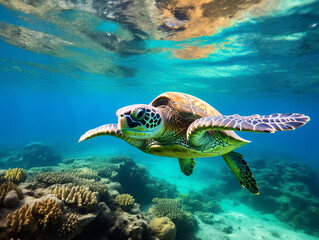 Fototapeta premium In the crystal-clear waters, a vibrant green sea turtle gracefully swims amidst a colorful coral reef Generative ai
