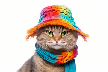 Funny party cat wearing colorful summer hat and stylish sunglasses isolated over white background. AI Generated