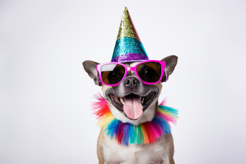 Fototapeta Funny party dog wearing colorful summer hat and stylish sunglasses. white background. AI Generated obraz