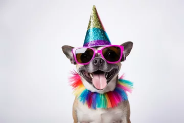 Tuinposter Funny party dog wearing colorful summer hat and stylish sunglasses. white background. AI Generated © wolfhound911